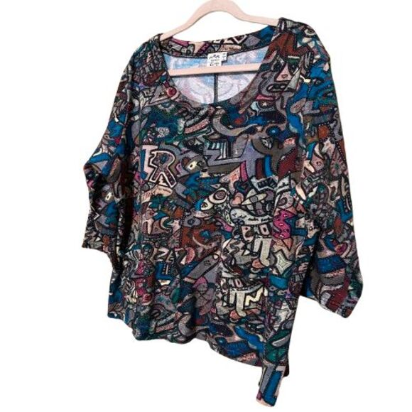 Parsley & Sage Swing Pocket Top 3/4 Sleeve Womens 2X Colorful Art Lagenlook Boho - Picture 2 of 8